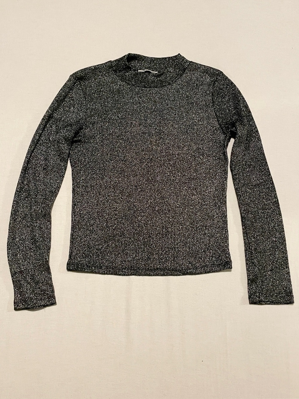 ZARA Trafaluc Silver Metallic Knit Mock Neck Long Sleeve Top - Medium